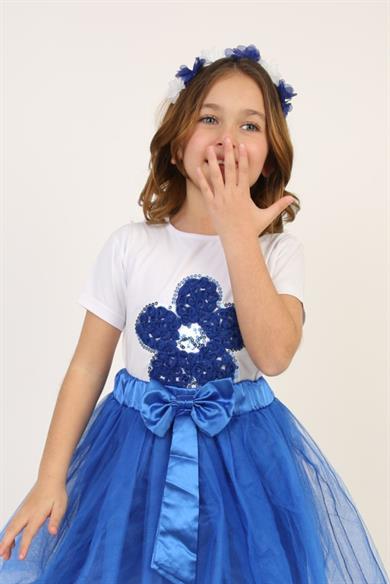 Kız Çocuk Kısa Kol Bisiklet Yaka Saks Mavisi Çiçek Desenli Baskılı T-shirt 23 Nisan 29 Ekim 19 Mayıs Gösteri