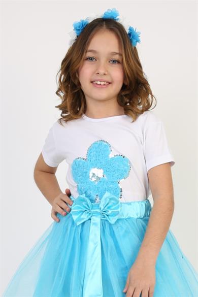 Kız Çocuk Kısa Kol Bisiklet Yaka Mavi Çiçek Desenli Baskılı T-shirt 23 Nisan 29 Ekim 19 Mayıs Gösteri