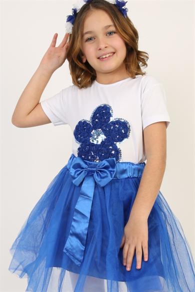 Kız Çocuk Kısa Kol Bisiklet Yaka Saks Mavisi Çiçek Desenli Baskılı T-shirt 23 Nisan 29 Ekim 19 Mayıs Gösteri