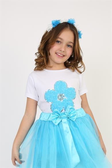 Kız Çocuk Kısa Kol Bisiklet Yaka Mavi Çiçek Desenli Baskılı T-shirt 23 Nisan 29 Ekim 19 Mayıs Gösteri