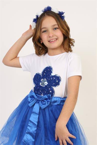 Kız Çocuk Kısa Kol Bisiklet Yaka Saks Mavisi Çiçek Desenli Baskılı T-shirt 23 Nisan 29 Ekim 19 Mayıs Gösteri