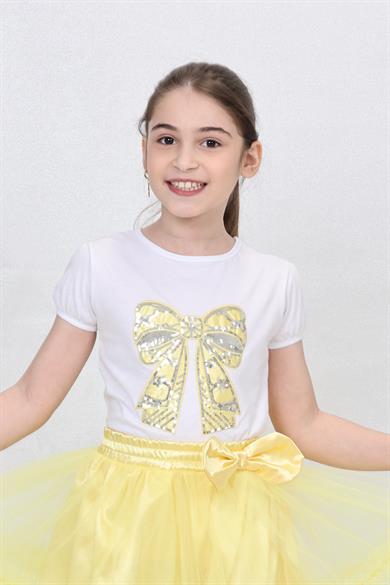 Kız Çocuk Kısa Kol Bisiklet Yaka Sarı Fiyonklu Desenli Baskılı T-shirt 23 Nisan 29 Ekim 19 Mayıs Gösteri