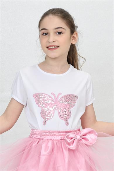 Kız Çocuk Kısa Kol Bisiklet Yaka Pembe Fiyonklu Desenli Baskılı T-shirt 23 Nisan 29 Ekim 19 Mayıs Gösteri