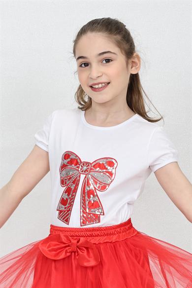 Kız Çocuk Kısa Kol Bisiklet Yaka Kırmızı Fiyonklu Desenli Baskılı T-shirt 23 Nisan 29 Ekim 19 Mayıs Gösteri