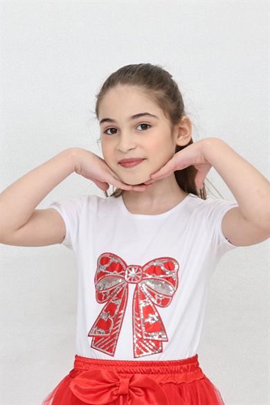 Kız Çocuk Kısa Kol Bisiklet Yaka Kırmızı Fiyonklu Desenli Baskılı T-shirt 23 Nisan 29 Ekim 19 Mayıs Gösteri