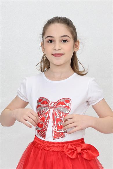 Kız Çocuk Kısa Kol Bisiklet Yaka Kırmızı Fiyonklu Desenli Baskılı T-shirt 23 Nisan 29 Ekim 19 Mayıs Gösteri