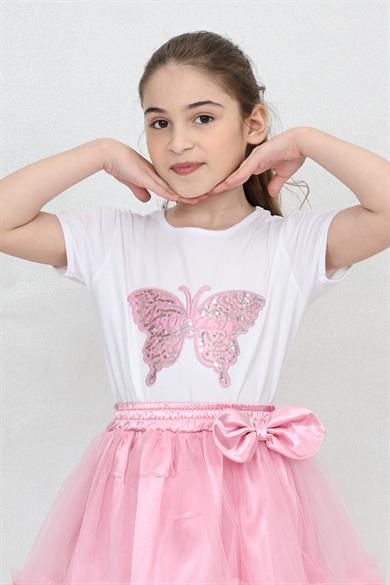 Kız Çocuk Kısa Kol Bisiklet Yaka Pembe Fiyonklu Desenli Baskılı T-shirt 23 Nisan 29 Ekim 19 Mayıs Gösteri