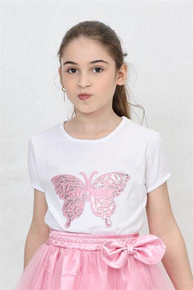 Kız Çocuk Kısa Kol Bisiklet Yaka Pembe Fiyonklu Desenli Baskılı T-shirt 23 Nisan 29 Ekim 19 Mayıs Gösteri