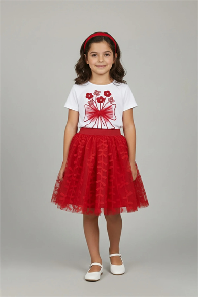 Kız Çocuk Kurdele Çiçek Detaylı Tişört Kırmızı Yaprak Desenli Etek Takım 23 Nisan 29 Ekim Kıyafeti