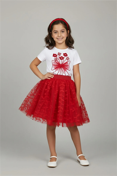 Kız Çocuk Kurdele Çiçek Detaylı Tişört Kırmızı Yaprak Desenli Etek Takım 23 Nisan 29 Ekim Kıyafeti