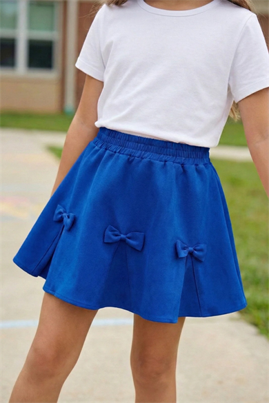 Kız Çocuk Kurdele Detaylı Saks Mavi Double Kumaş Etek 23 Nisan 29 Ekim Gösteri Etek