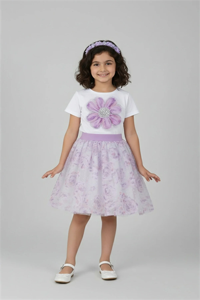Kız Çocuk Lila Çiçek Desenli Tül Etek Lila Desenli Tül Etek 23 Nisan Gösteri Kıyafeti