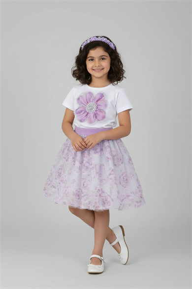 Kız Çocuk Lila Çiçek Desenli Tül Etek Lila Desenli Tül Etek 23 Nisan Gösteri Kıyafeti