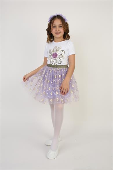 Kız Çocuk Mor Çiçek Desenli Tişört Mor Çiçekli Etek Takım 23 Nisan 29 Ekim Gösteri Kıyafeti