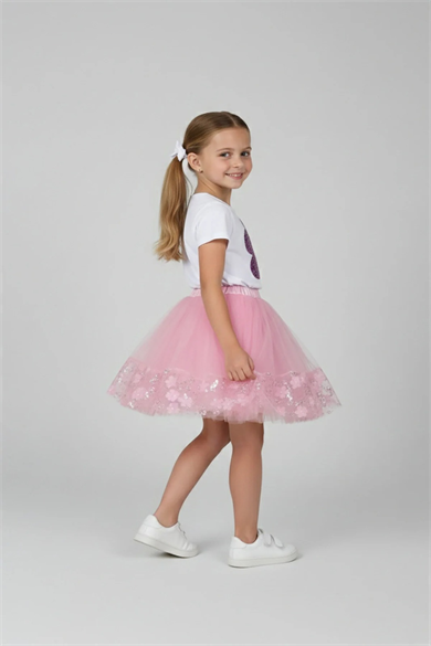 Kız Çocuk Mor Pullu Çiçekli T-Shirt ve Kabarık Tüllü Etek Takım 23 Nisan 29 Ekim Gösteri Kıyafeti