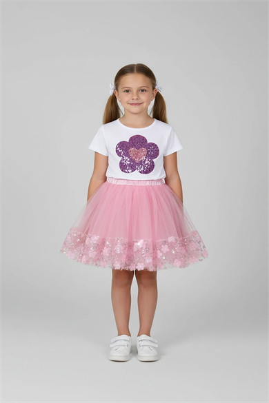 Kız Çocuk Mor Pullu Çiçekli T-Shirt ve Kabarık Tüllü Etek Takım 23 Nisan 29 Ekim Gösteri Kıyafeti