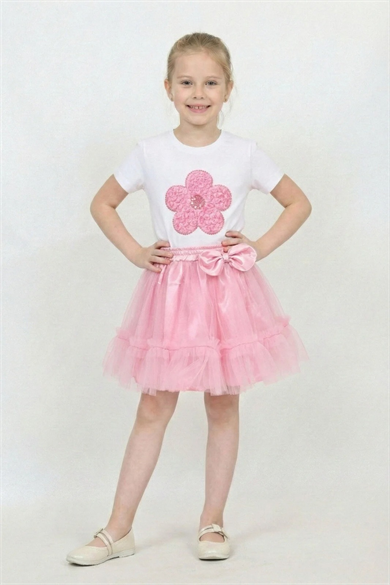 Kız Çocuk Pembe Çiçek Tişört Pembe Fırfırlı Tütü Etek 23 Nisan Gösteri Kıyafeti