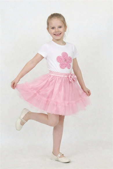 Kız Çocuk Pembe Çiçek Tişört Pembe Fırfırlı Tütü Etek 23 Nisan Gösteri Kıyafeti