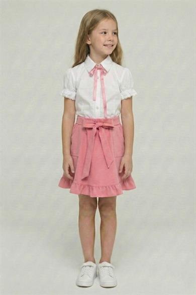 Kız Çocuk Pembe Fiyonklu Dantel İşlemeli Gömlek Pembe Cepli Fırfırlı Etek Takım 23 Nisan 29 Ekim