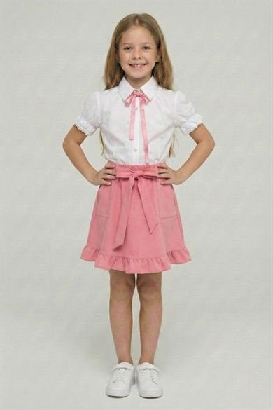 Kız Çocuk Pembe Fiyonklu Dantel İşlemeli Gömlek Pembe Cepli Fırfırlı Etek Takım 23 Nisan 29 Ekim