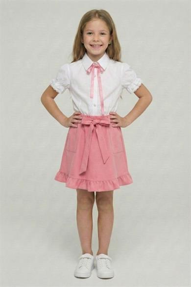 Kız Çocuk Pembe Fiyonklu Dantel İşlemeli Gömlek Pembe Cepli Fırfırlı Etek Takım 23 Nisan 29 Ekim
