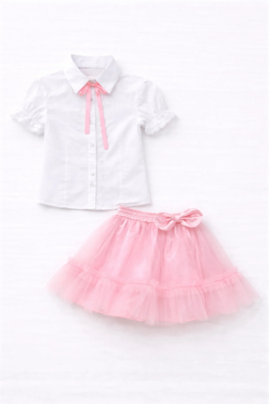 Kız Çocuk Pembe Fiyonklu Dantelli Gömlek Pembe Fırfırlı Tütü Etek 23 Nisan Gösteri Kıyafeti