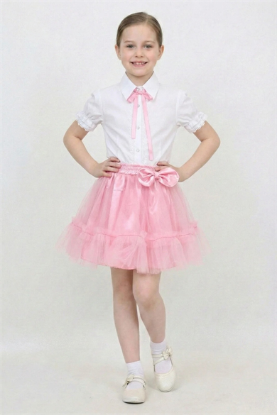 Kız Çocuk Pembe Fiyonklu Dantelli Gömlek Pembe Fırfırlı Tütü Etek 23 Nisan Gösteri Kıyafeti