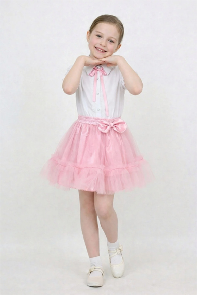 Kız Çocuk Pembe Fiyonklu Dantelli Gömlek Pembe Fırfırlı Tütü Etek 23 Nisan Gösteri Kıyafeti