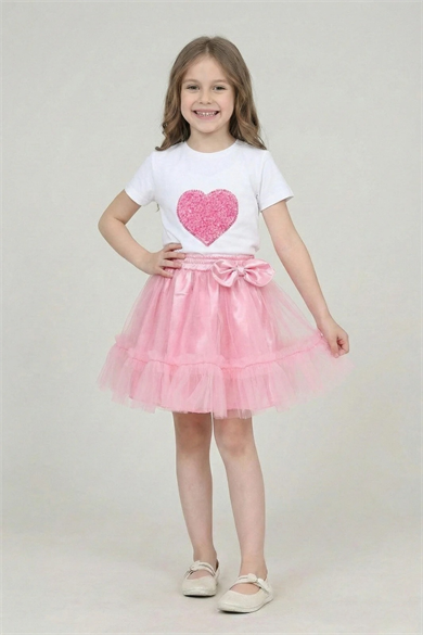 Kız Çocuk Pembe Kalp Tişört Pembe Fırfırlı Tütü Etek 23 Nisan Gösteri Kıyafeti