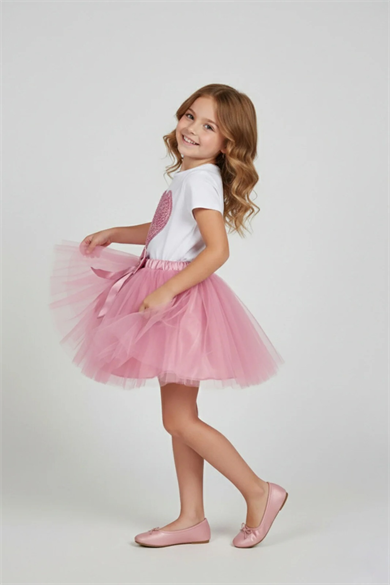 Kız Çocuk Pembe Kalpli Tişört Pembe Tütü Etek 23 Nisan 29 Ekim Gösteri Kıyafeti Takım