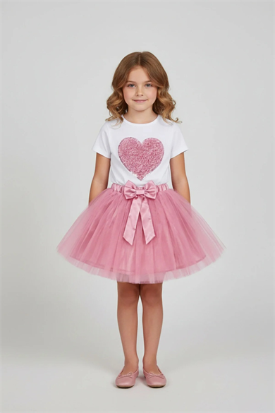 Kız Çocuk Pembe Kalpli Tişört Pembe Tütü Etek 23 Nisan 29 Ekim Gösteri Kıyafeti Takım