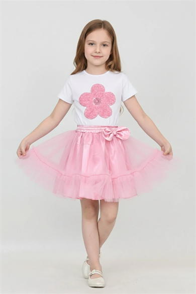 Kız Çocuk Pembe Papatya Tişört Pembe Beli Lastikli Fırfırlı Etek Takım 23 Nisan Gösteri Kıyafeti