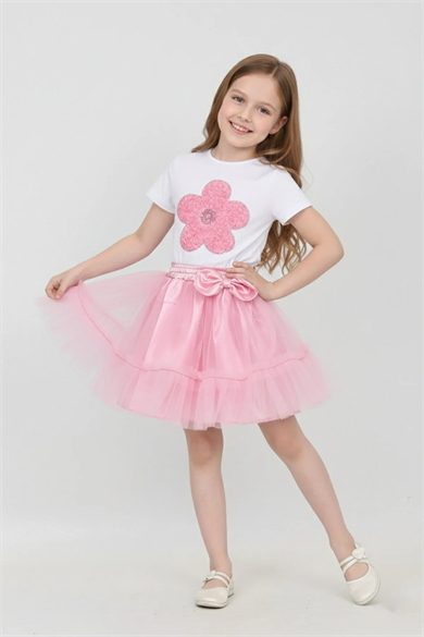 Kız Çocuk Pembe Papatya Tişört Pembe Beli Lastikli Fırfırlı Etek Takım 23 Nisan Gösteri Kıyafeti