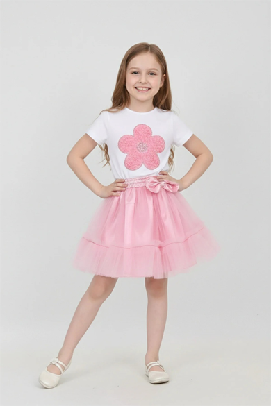 Kız Çocuk Pembe Papatya Tişört Pembe Beli Lastikli Fırfırlı Etek Takım 23 Nisan Gösteri Kıyafeti