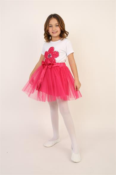 Kız Çocuk Pembe Pullu Çiçek Tişört Pembe Tütü Etek Takım 23 Nisan 29 Ekim Gösteri Kıyafeti