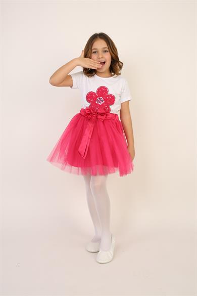 Kız Çocuk Pembe Pullu Çiçek Tişört Pembe Tütü Etek Takım 23 Nisan 29 Ekim Gösteri Kıyafeti