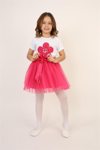 Kız Çocuk Pembe Pullu Çiçek Tişört Pembe Tütü Etek Takım 23 Nisan 29 Ekim Gösteri Kıyafeti