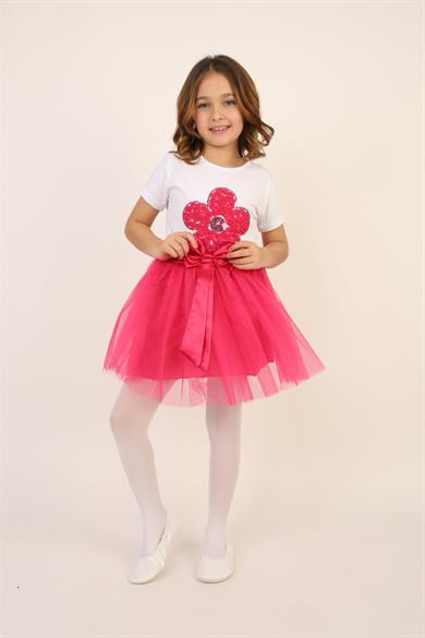 Kız Çocuk Pembe Pullu Çiçek Tişört Pembe Tütü Etek Takım 23 Nisan 29 Ekim Gösteri Kıyafeti