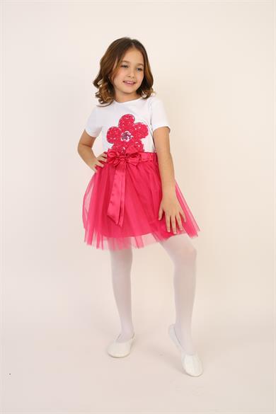 Kız Çocuk Pembe Pullu Çiçek Tişört Pembe Tütü Etek Takım 23 Nisan 29 Ekim Gösteri Kıyafeti