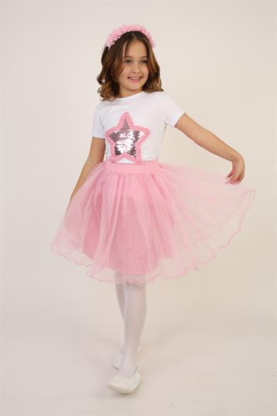 Kız Çocuk Pembe Pullu Yıldız Tişört Pembe Tütü Etek Takım 23 Nisan 29 Ekim Gösteri Kıyafeti