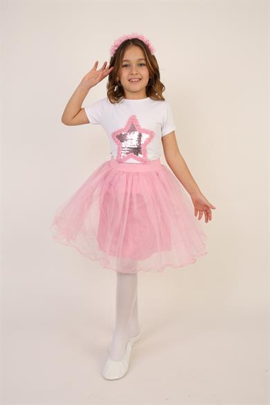 Kız Çocuk Pembe Pullu Yıldız Tişört Pembe Tütü Etek Takım 23 Nisan 29 Ekim Gösteri Kıyafeti