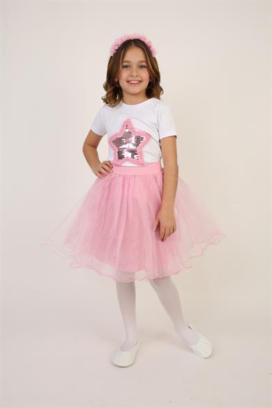 Kız Çocuk Pembe Pullu Yıldız Tişört Pembe Tütü Etek Takım 23 Nisan 29 Ekim Gösteri Kıyafeti