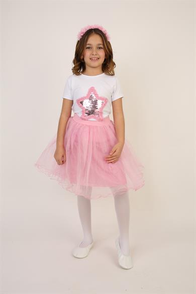 Kız Çocuk Pembe Pullu Yıldız Tişört Pembe Tütü Etek Takım 23 Nisan 29 Ekim Gösteri Kıyafeti