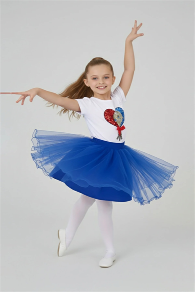 Kız Çocuk Pullu Balon Figürlü Tişört ve Saks Mavi Tütü Etekli Takım 23 Nisan Gösteri Kıyafeti