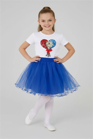 Kız Çocuk Pullu Balon Figürlü Tişört ve Saks Mavi Tütü Etekli Takım 23 Nisan Gösteri Kıyafeti