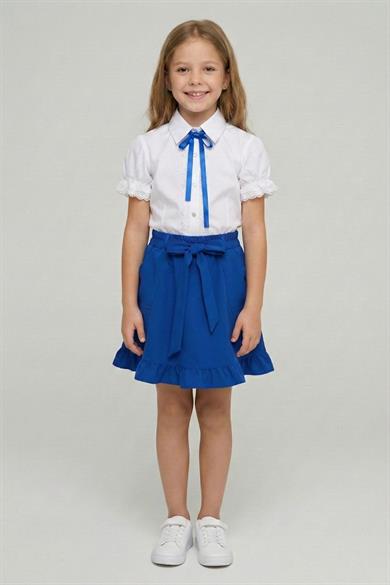 Kız Çocuk Saks Fiyonklu Dantel İşlemeli Gömlek Saks Cepli Fırfırlı Etek Takım 23 Nisan 29 Ekim