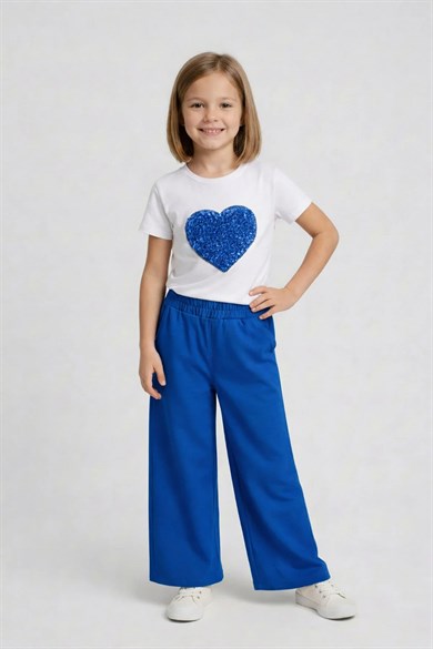 Kız Çocuk Saks Kalp Tişört Saks Mavi Geniş Paça Pantolon 23 Nisan Gösteri Kıyafeti