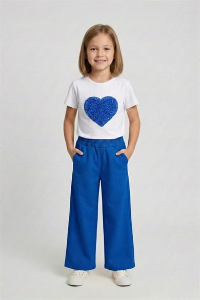Kız Çocuk Saks Kalp Tişört Saks Mavi Geniş Paça Pantolon 23 Nisan Gösteri Kıyafeti