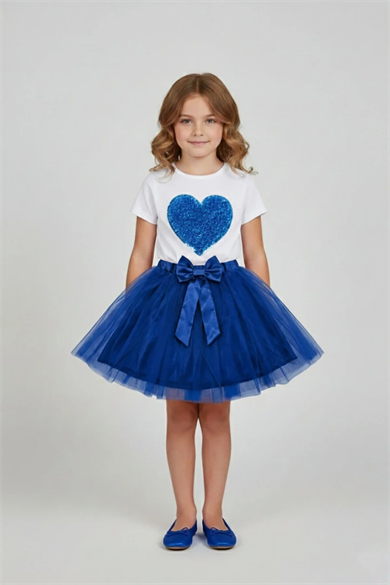 Kız Çocuk Saks Kalpli Tişört Saks Tütü Etek 23 Nisan 29 Ekim Gösteri Kıyafeti Takım