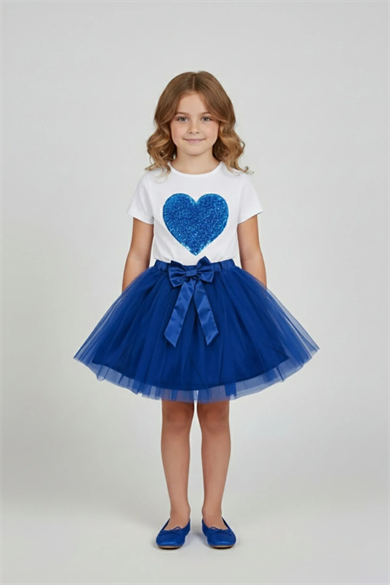 Kız Çocuk Saks Kalpli Tişört Saks Tütü Etek 23 Nisan 29 Ekim Gösteri Kıyafeti Takım